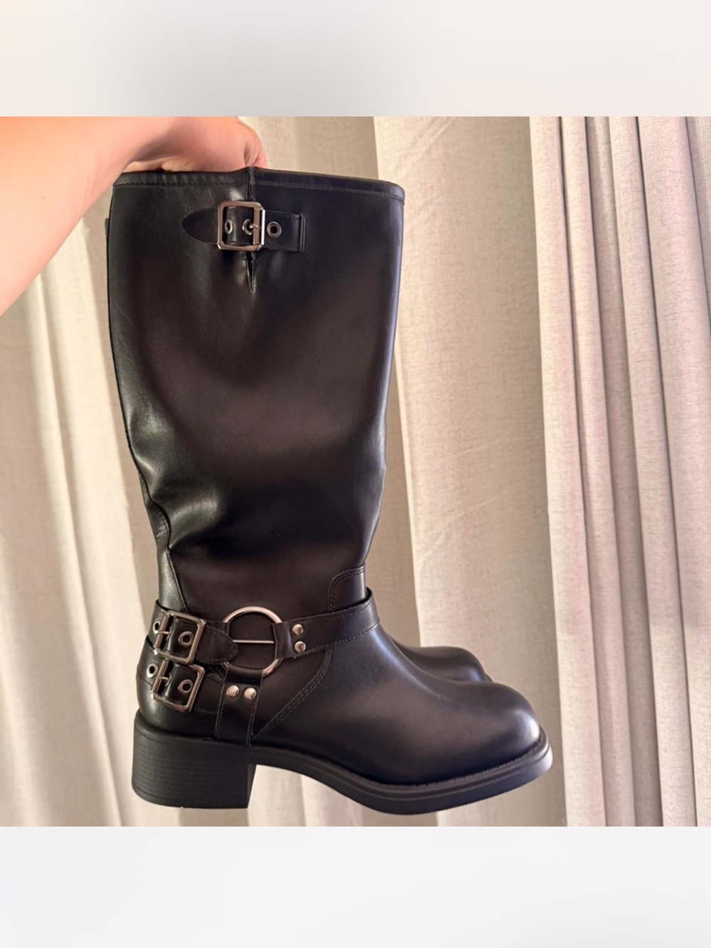 Others Follow Black Mid-Calf Buckle Heeled Boots